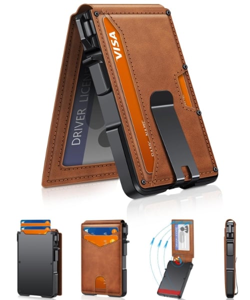 ⚡70K+ SOLD !-Wallet for Men - with Pop Up Aluminum Case Money Clip Slim Leather Slots Credit Card Holder RFID Blocking Bifold Minimalist Wallet