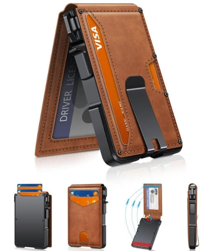 ⚡70K+ SOLD !-Wallet for Men - with Pop Up Aluminum Case Money Clip Slim Leather Slots Credit Card Holder RFID Blocking Bifold Minimalist Wallet