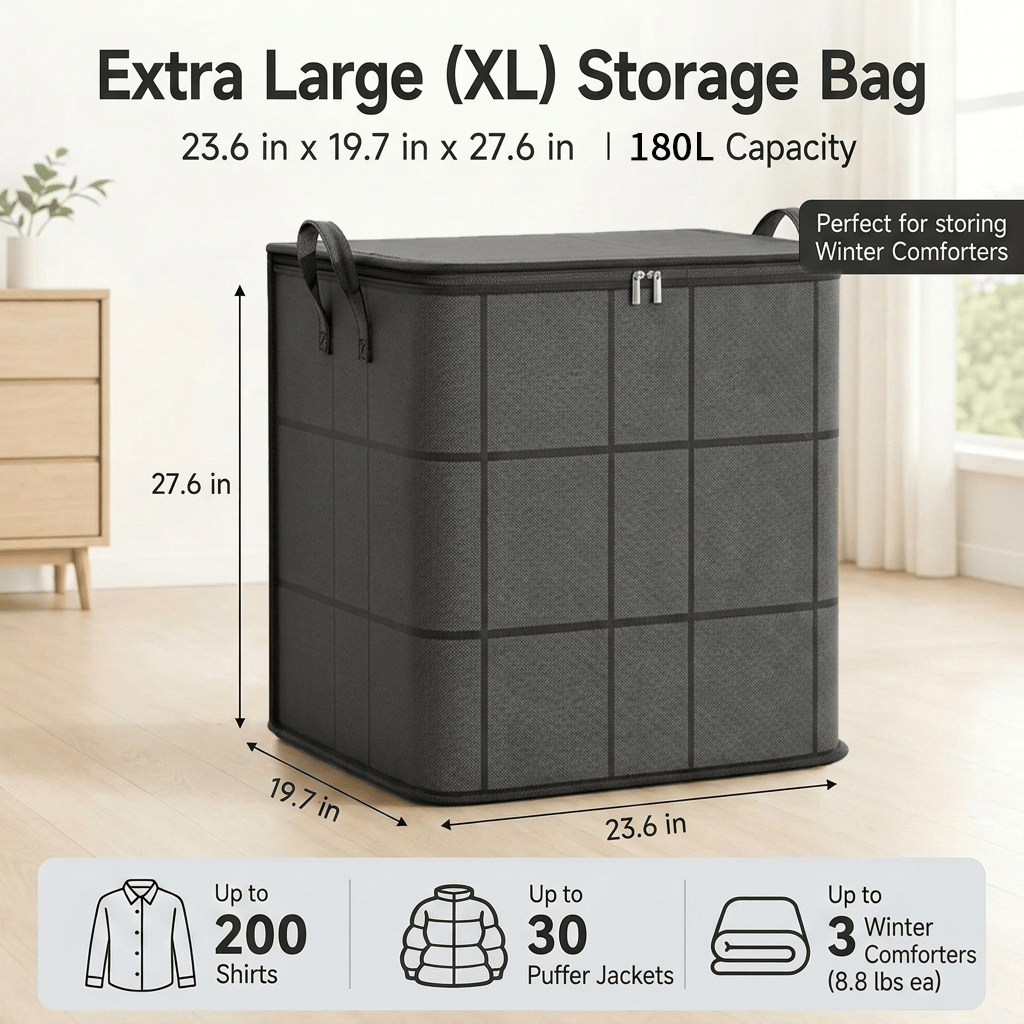 ⚡Hot Sales 50% OFF | Extra Large Capacity Storage Bag – Heavy Duty Zippered Organizer Bin for Quilts, Blankets, Clothing, Toys & Moving Supplies🏠❤