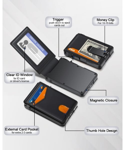 ⚡70K+ SOLD !-Wallet for Men - with Pop Up Aluminum Case Money Clip Slim Leather Slots Credit Card Holder RFID Blocking Bifold Minimalist Wallet